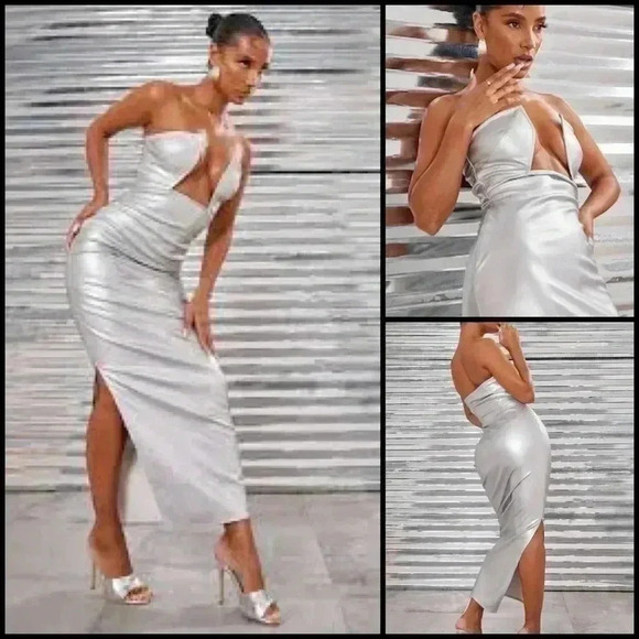 Pretty Little Thing Fave Instagram/TikTok Silver PU Extreme V Bar Midaxi… - Picture 1 of 13